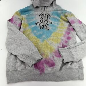 Keith Haring Women's Gray Tie Dye Hoodie Heart Love Sweatshirt Large